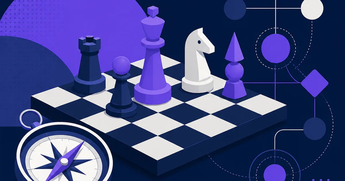 A chessboard with brand pieces and a compass beside a strategy diagram