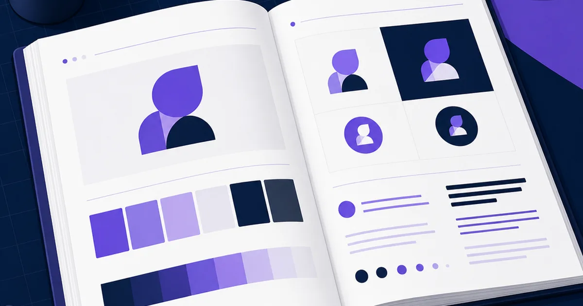 An open brand style guide showing colour swatches, logo lockups and typography specimens