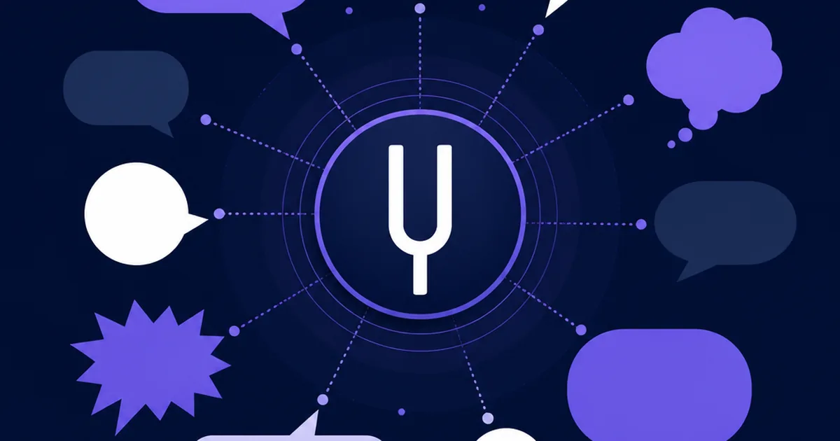 Speech bubbles of varied shapes radiating from a central brand mark with a tuning-fork motif