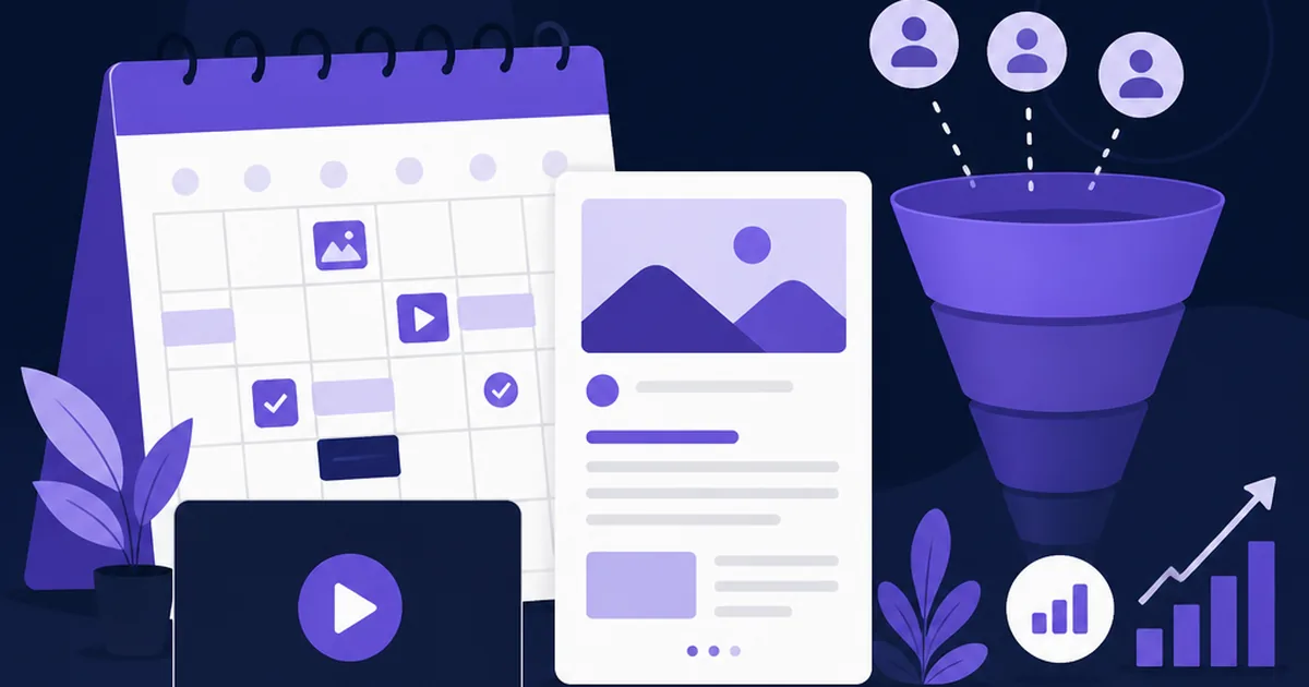 A content calendar, a blog article card, a video play button and a marketing funnel