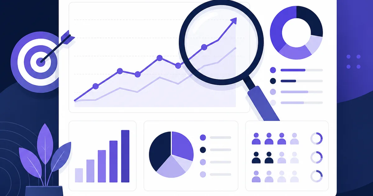 An analytics dashboard with rising trend lines and survey charts representing brand awareness measurement