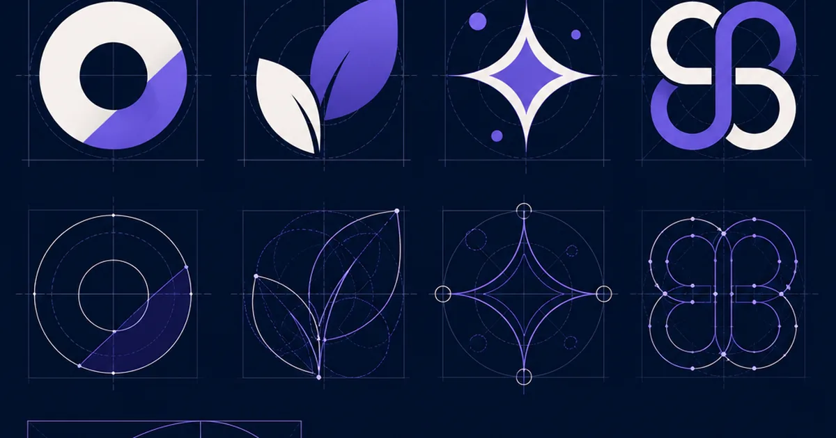 A grid of simple abstract logo marks with construction guides and a golden-ratio spiral