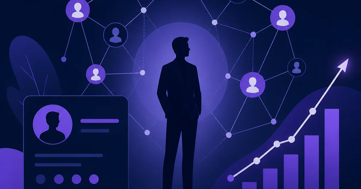 A professional figure connected to a network of contacts with a rising reputation graph