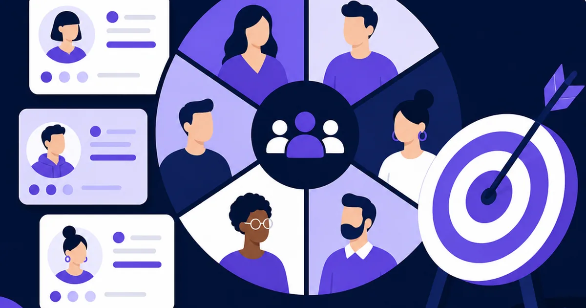 Customer persona cards and a segmented audience wheel beside a target