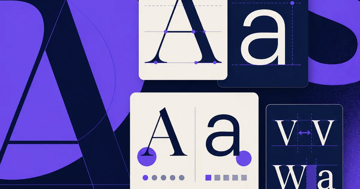 Large letterform shapes and font specimen cards showing serif and sans-serif contrast